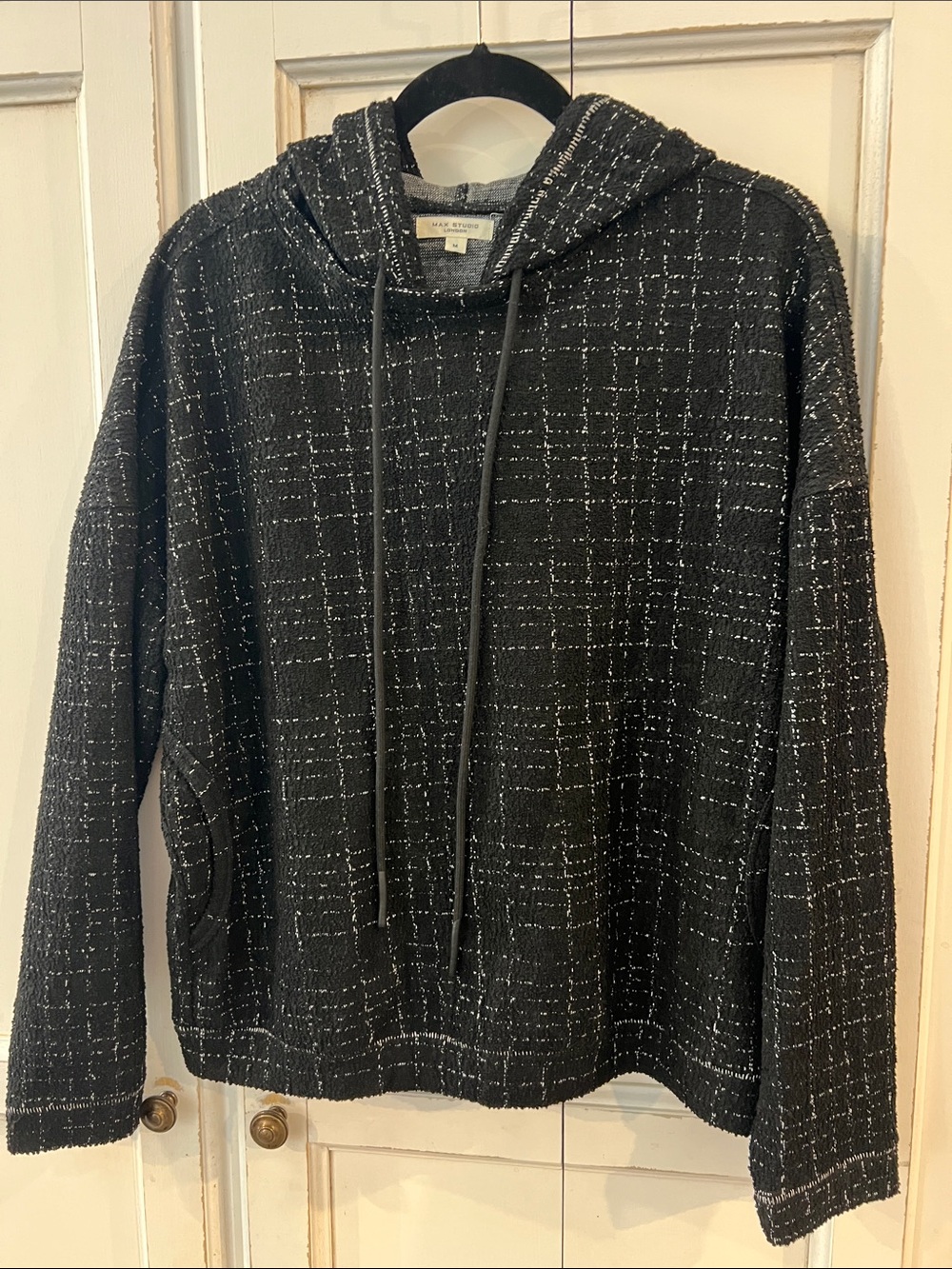 Max Studio Textured Black Hoodie with White Grid Stitching